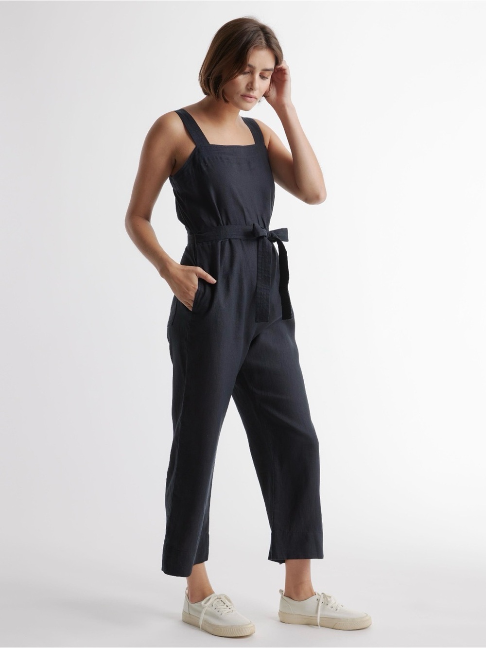 Quince 100% European Linen Square Neck Jumpsuit Black L NWT Wide Leg